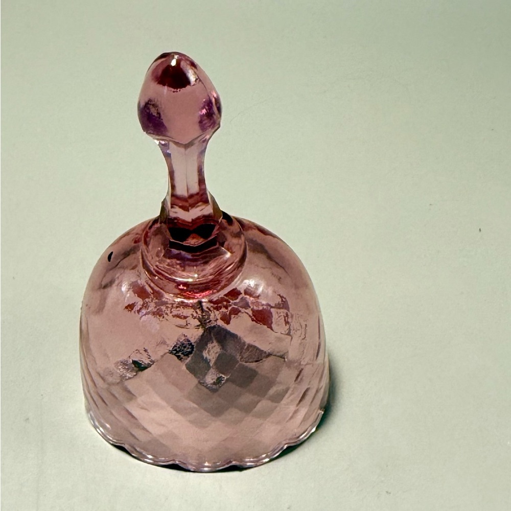 Vintage Fenton pink glass bell with a diamond optic pattern and a scalloped edge